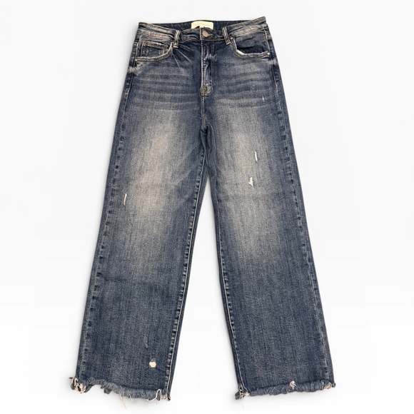 Risen Jeans Denim - Risen Jeans High Rise Wide Leg Distressed Raw Hem Cropped Denim Blue Size 9/29